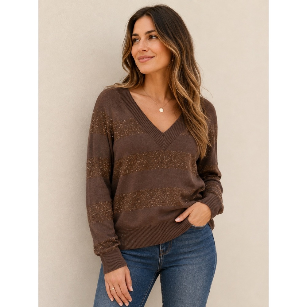 High Sierra Womens Brown Metallic Gold Striped V-Neck Sweater Size M Long Sleeve